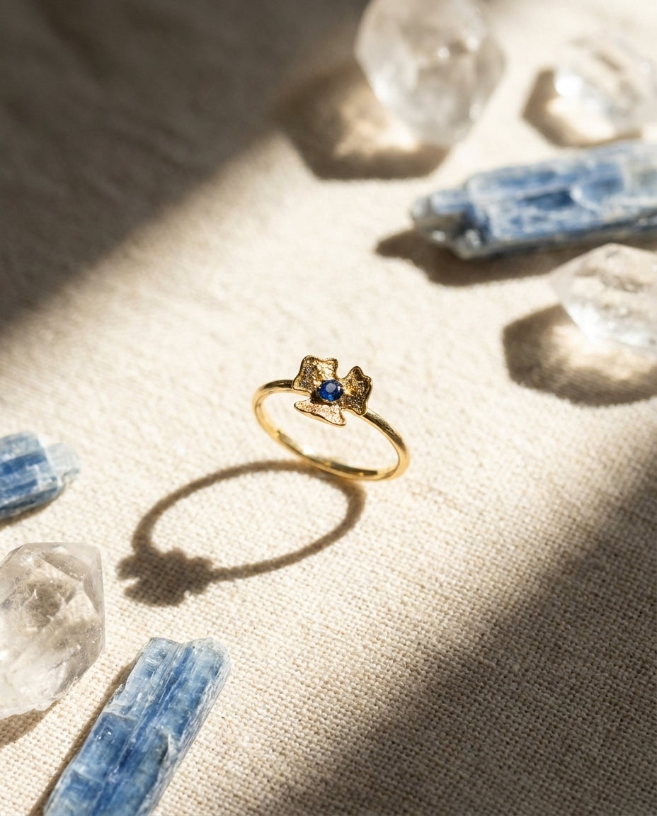 Gold Sapphire Flower Ring, Elegant Botanical Jewelry, Birthstone Jewelry