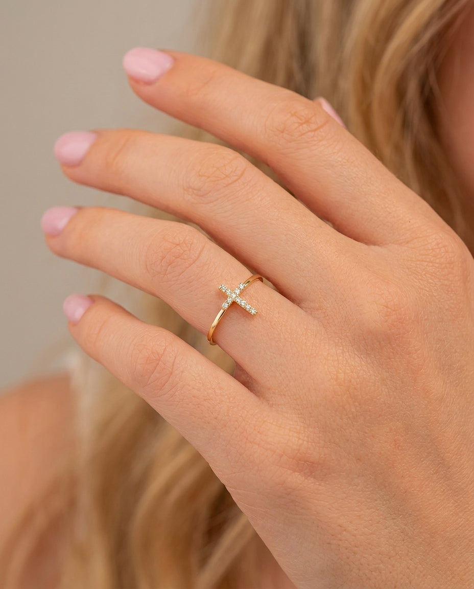 Dainty Pave Diamond Cross Ring in Silver