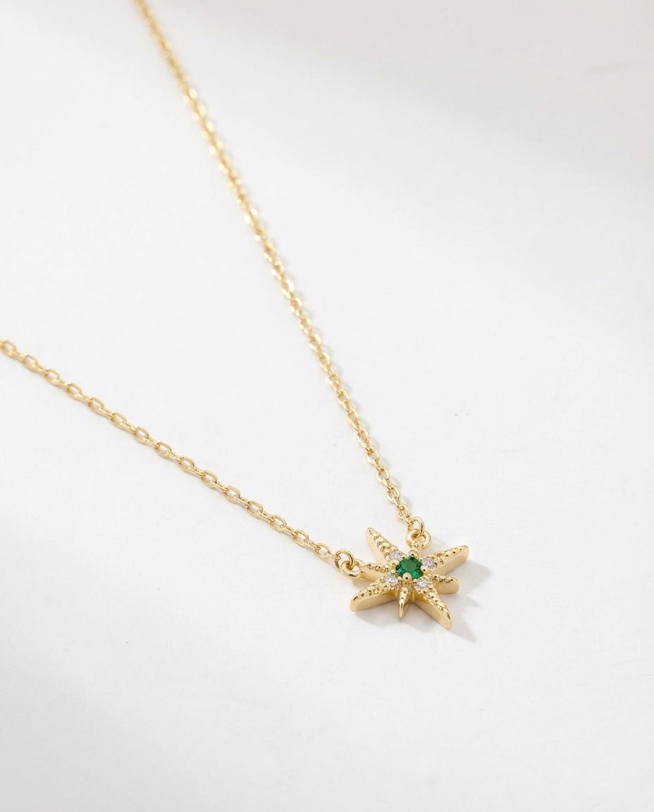 Emerald Starburst Gold Pendant Necklace | Celestial Jewelry