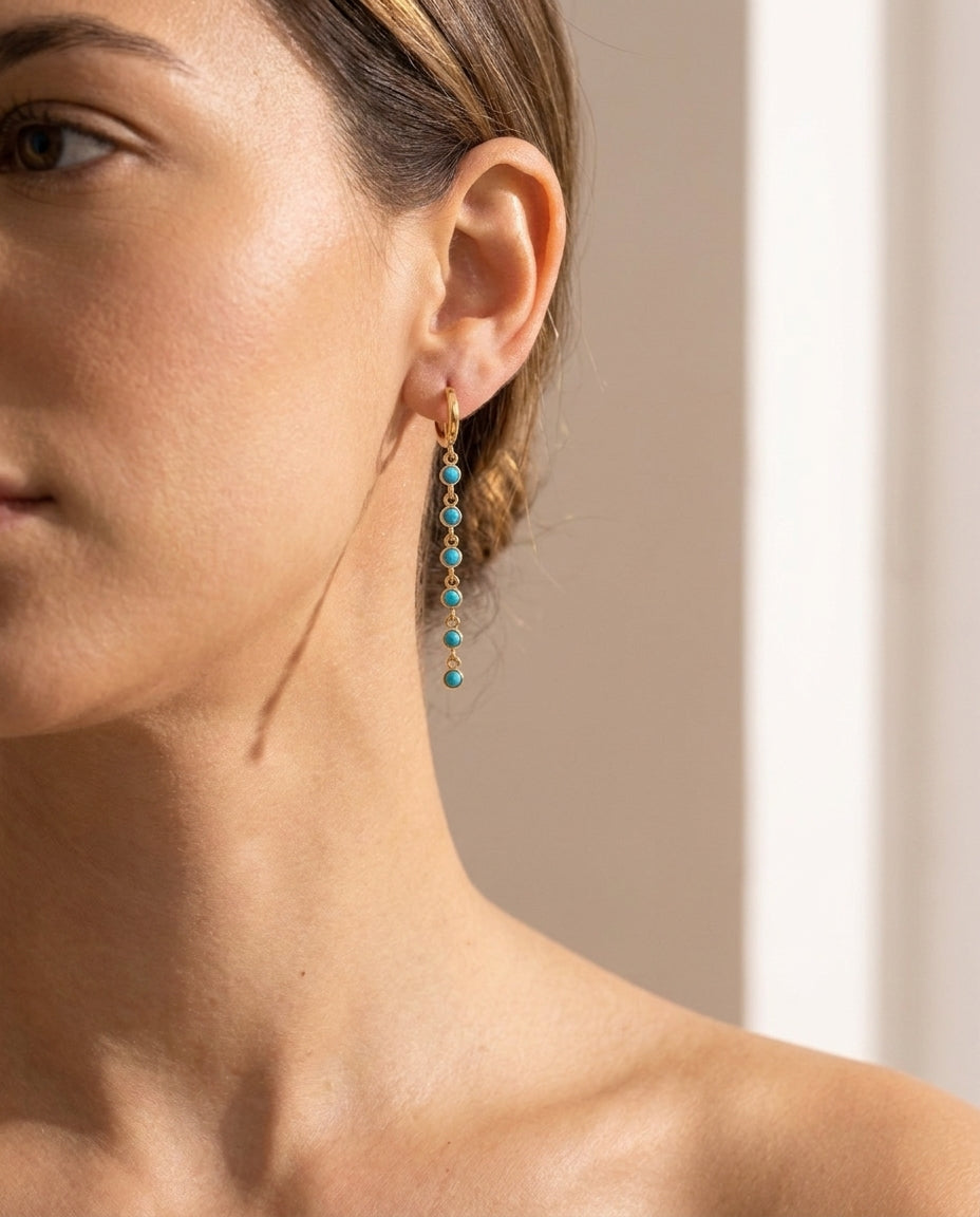 Elegant Turquoise Chain Drop Gold Hoop Earrings