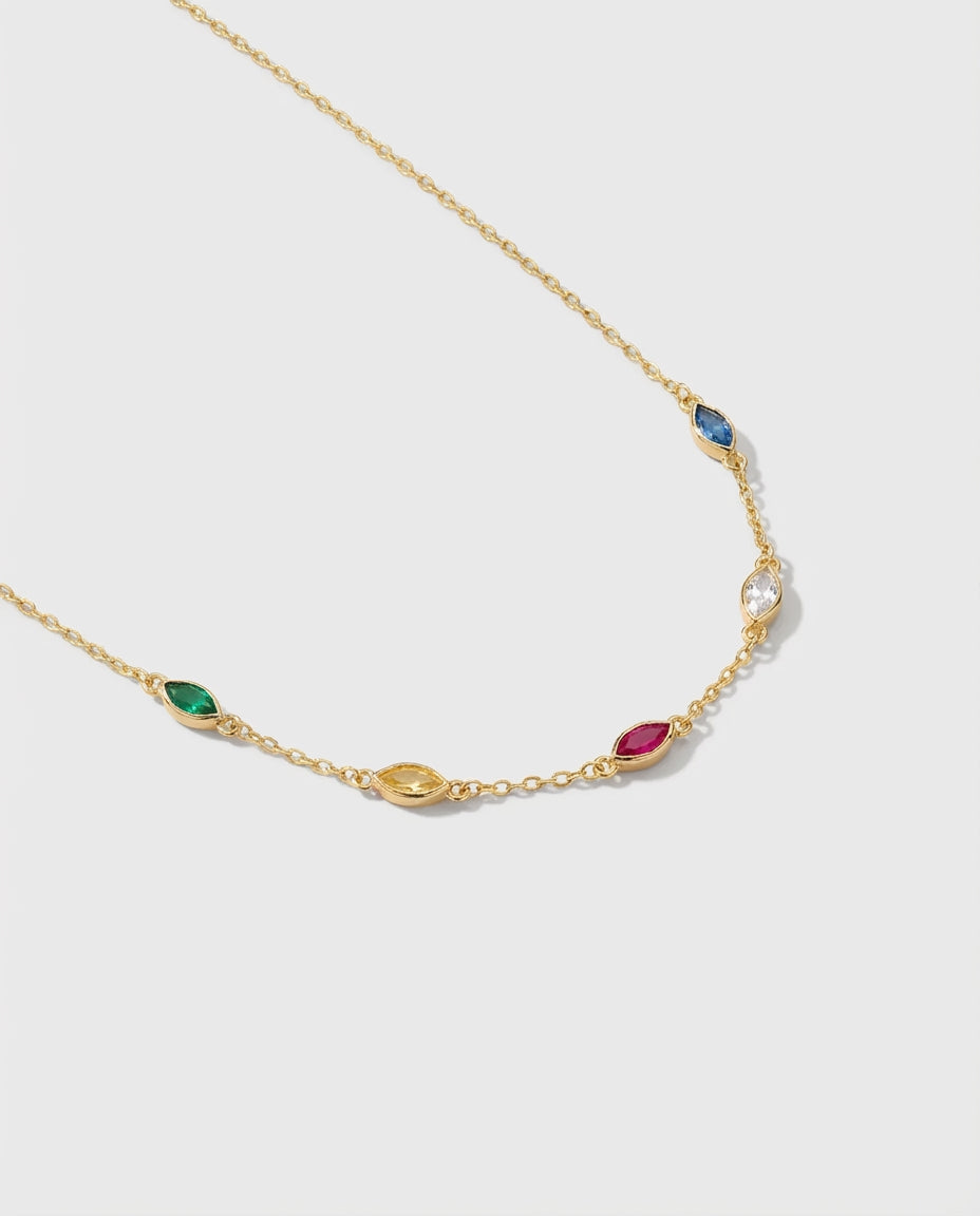 Dainty Rainbow Marquise Gemstone Station Necklace in Gold