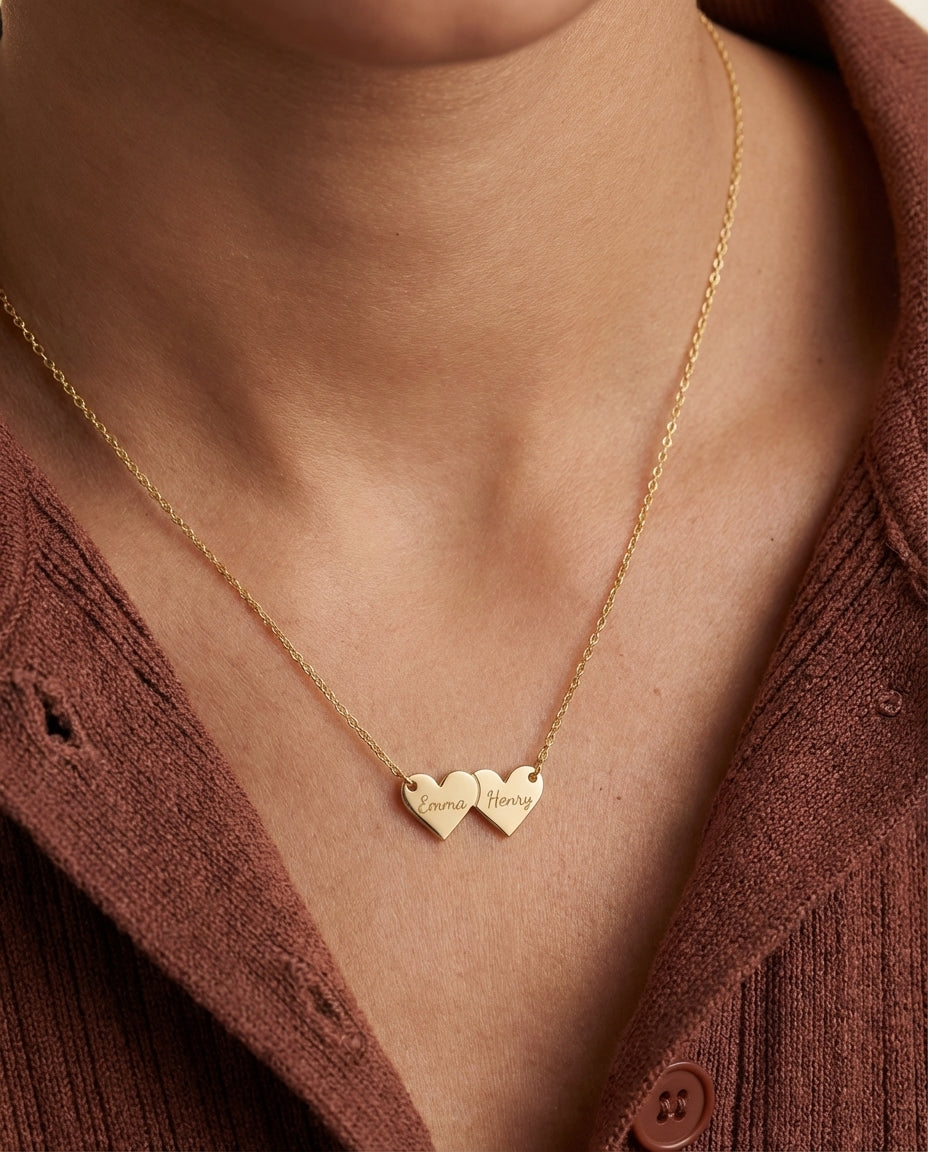 Personalized Double Heart Name Necklace - Custom Gold Jewelry Gift