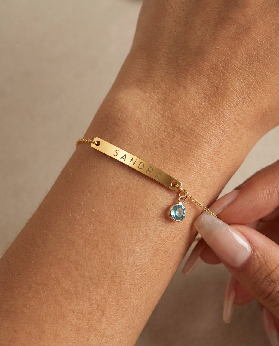 Personalized Gold Bar Bracelet with Birthstone - Engraved Name Jewelry