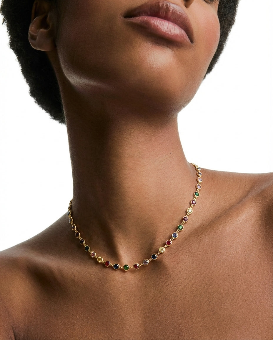 Vivid Rainbow Gemstone Gold Station Necklace