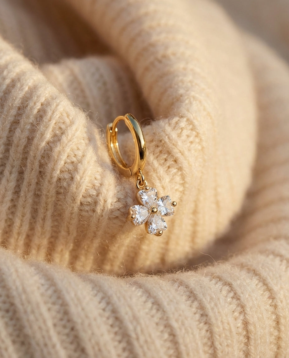 Crystal Clover Charm Gold Huggie Hoop Earring