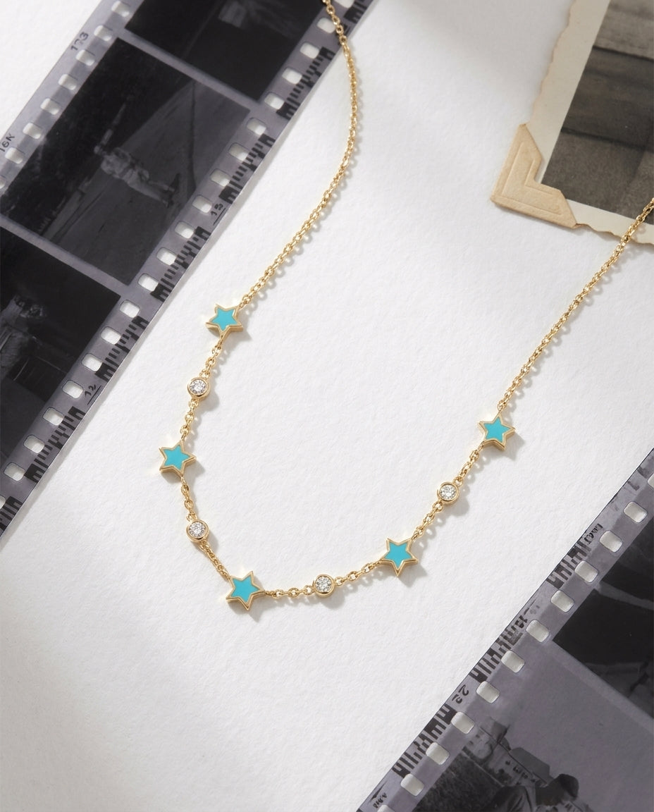 Celestial Turquoise Star & Mosanite Gold Necklace