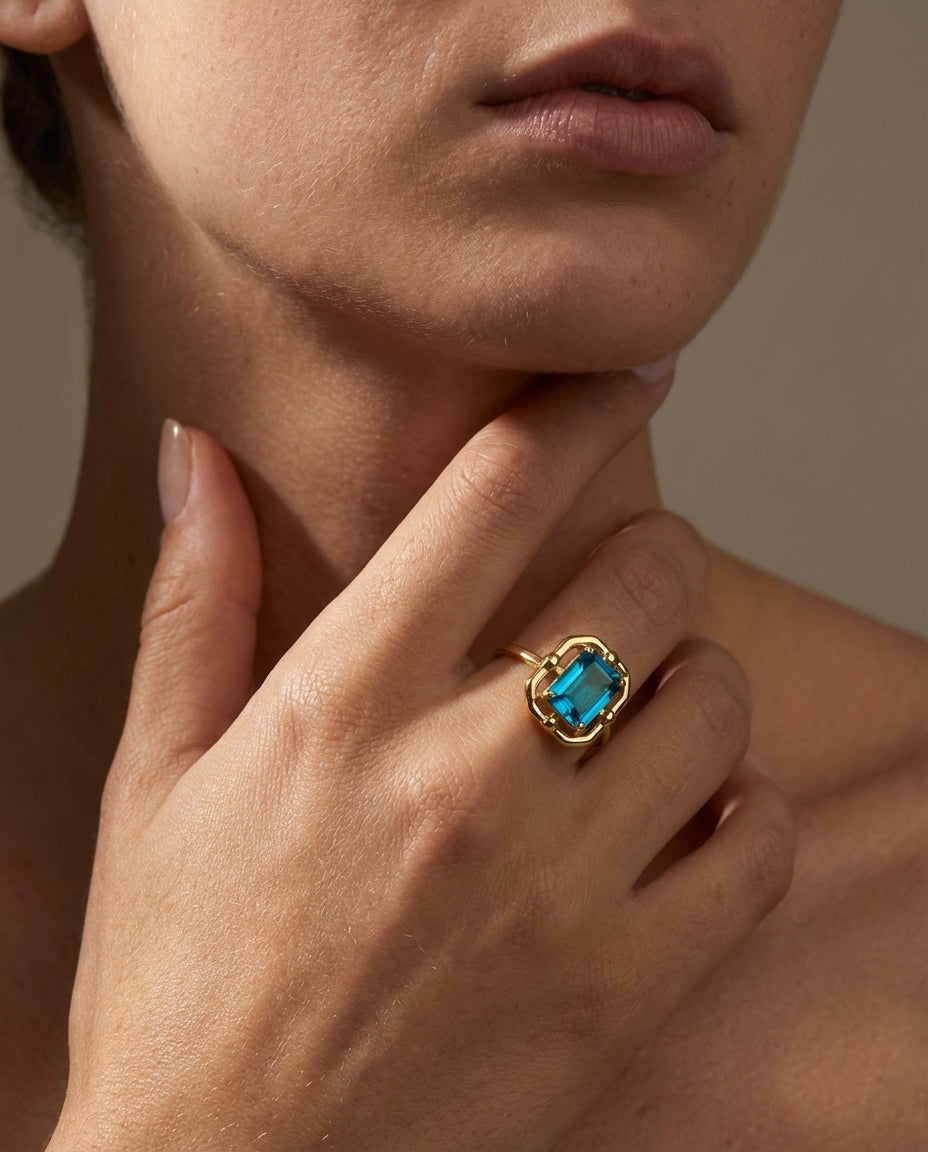 Vintage Gold Ring with Emerald Cut Blue Topaz