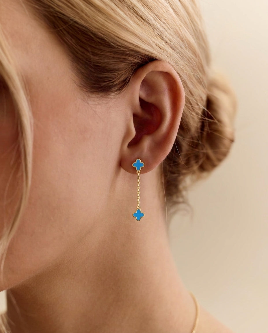 Blue Clover Gold Dangle Earrings - Enamel Drop Studs