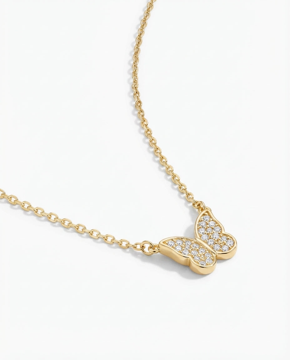 Dainty Gold Butterfly Necklace with Pave Diamonds