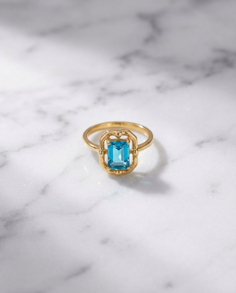 Vintage Gold Ring with Emerald Cut Blue Topaz