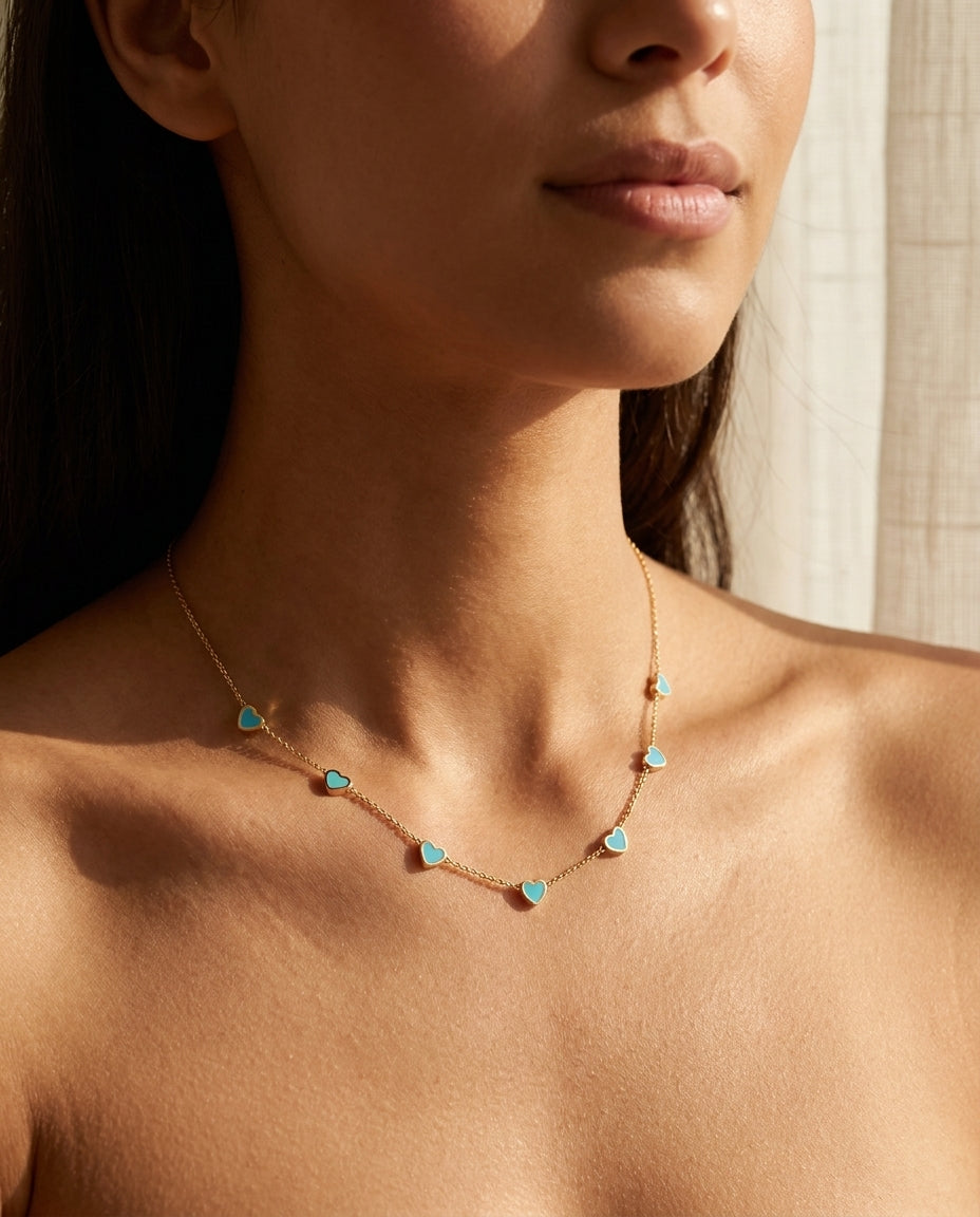 Dainty Turquoise Heart Station Necklace in Gold