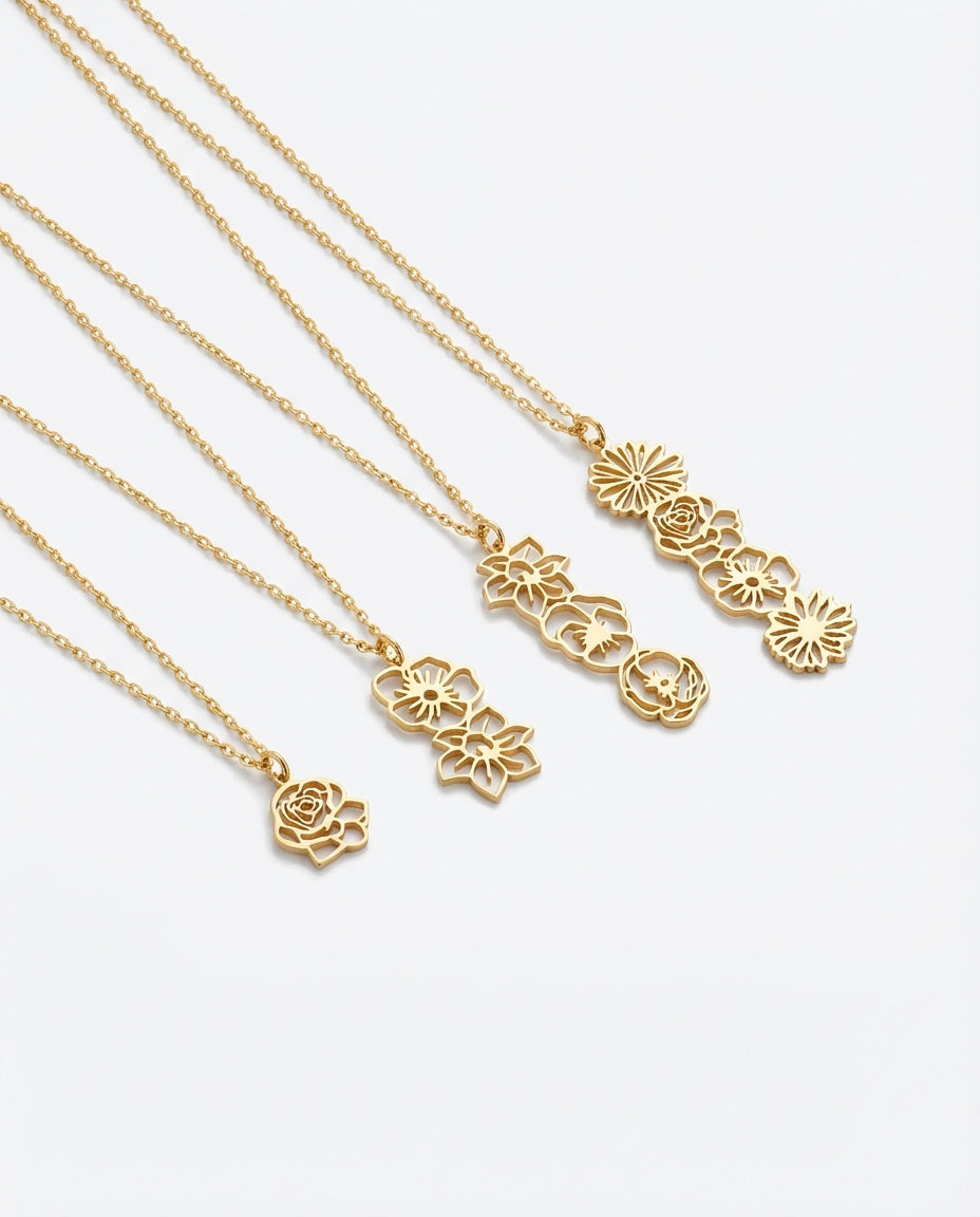 Custom Gold Birth Flower Family Necklace - Gift for Her