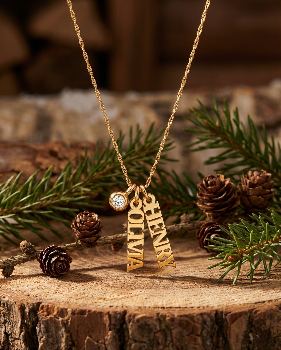 Personalized Vertical Name Necklace with Birthstone in Gold