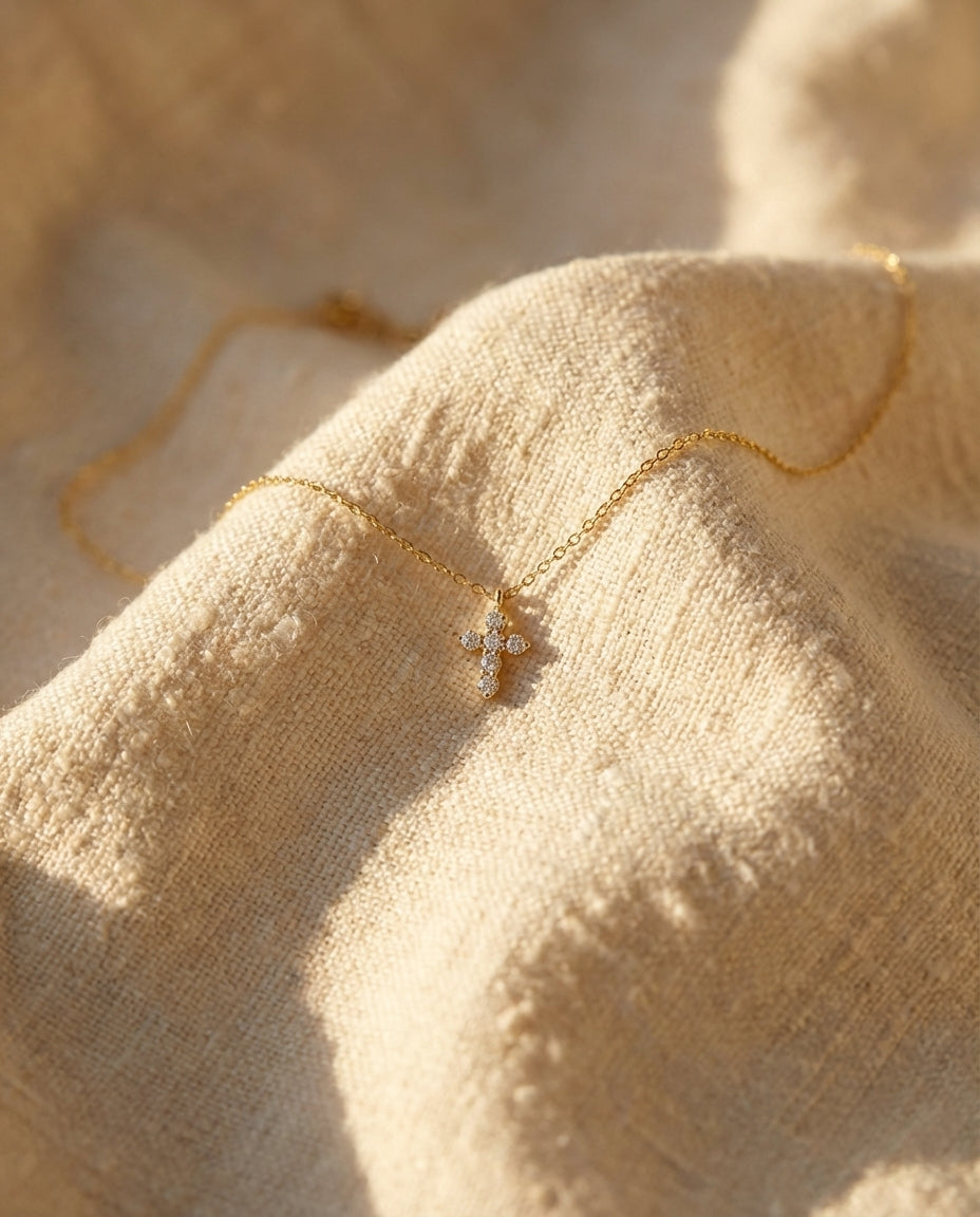 Dainty Pave Crystal Cross Necklace in Gold