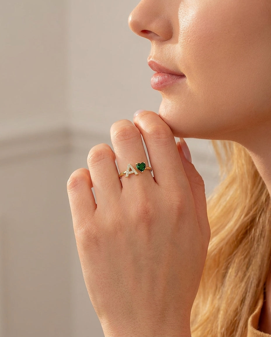 Personalized Gold Initial Ring with Heart Birthstone