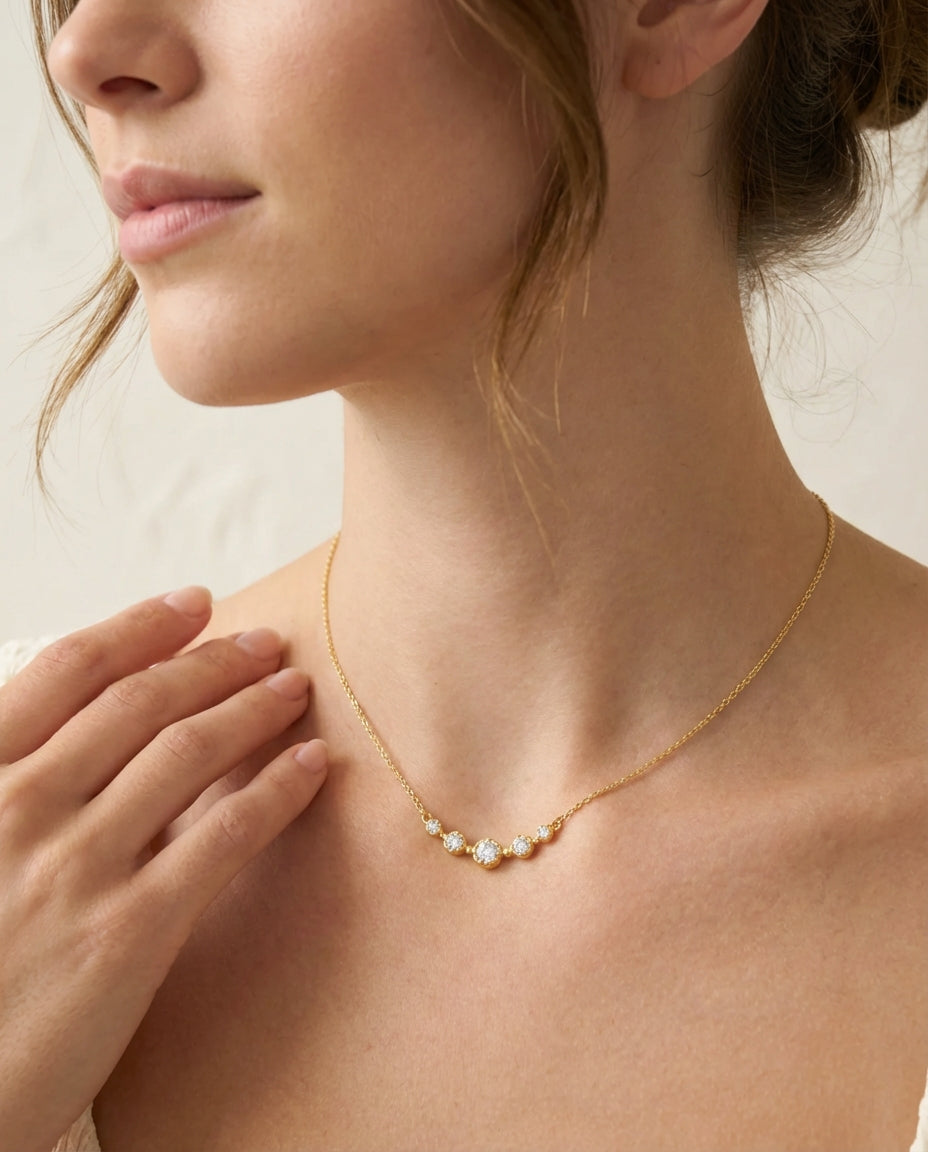 Elegant Curved Diamond Bar Necklace in 14k Gold Plated