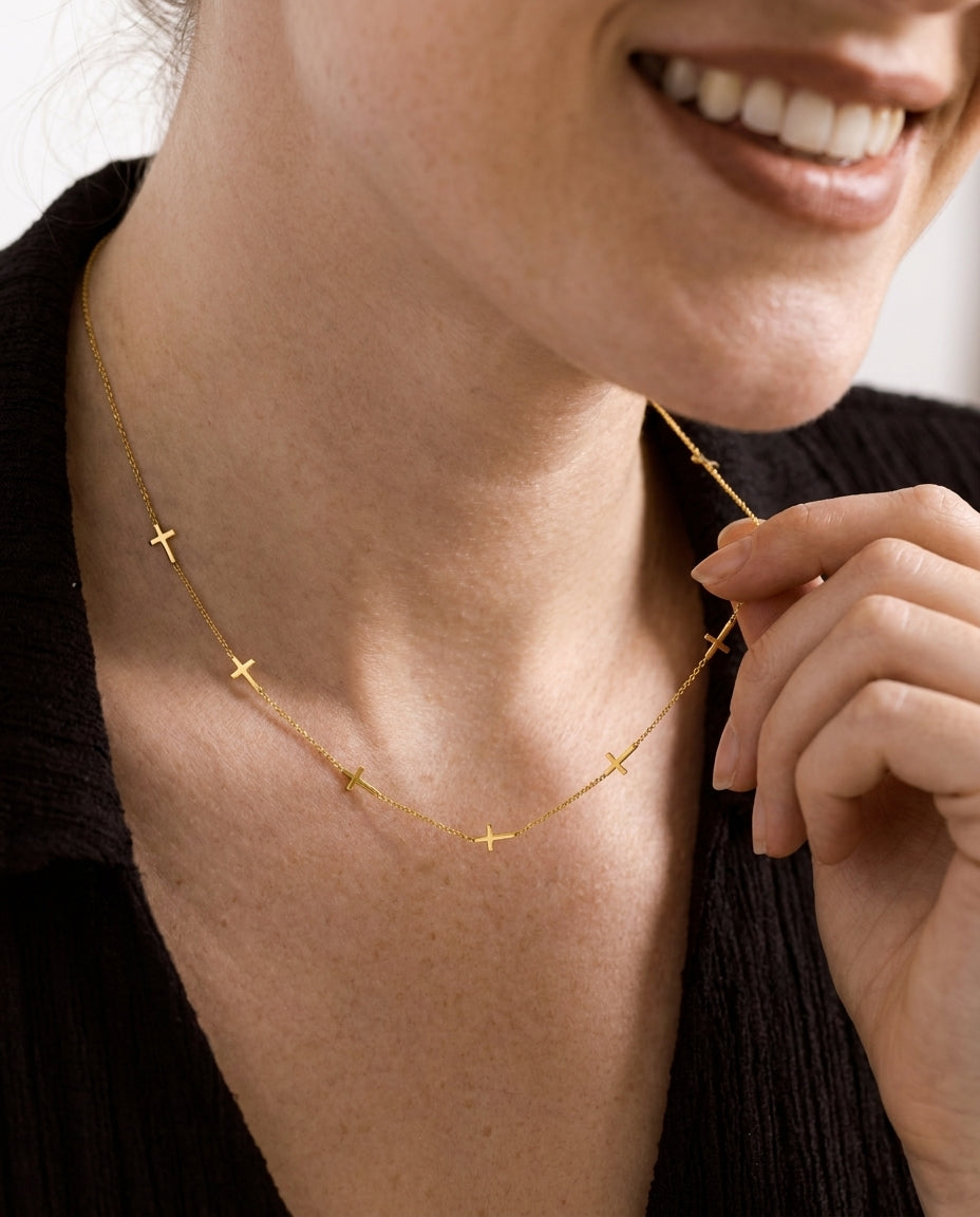 Dainty Gold Cross Station Necklace | Minimalist Faith Jewelry