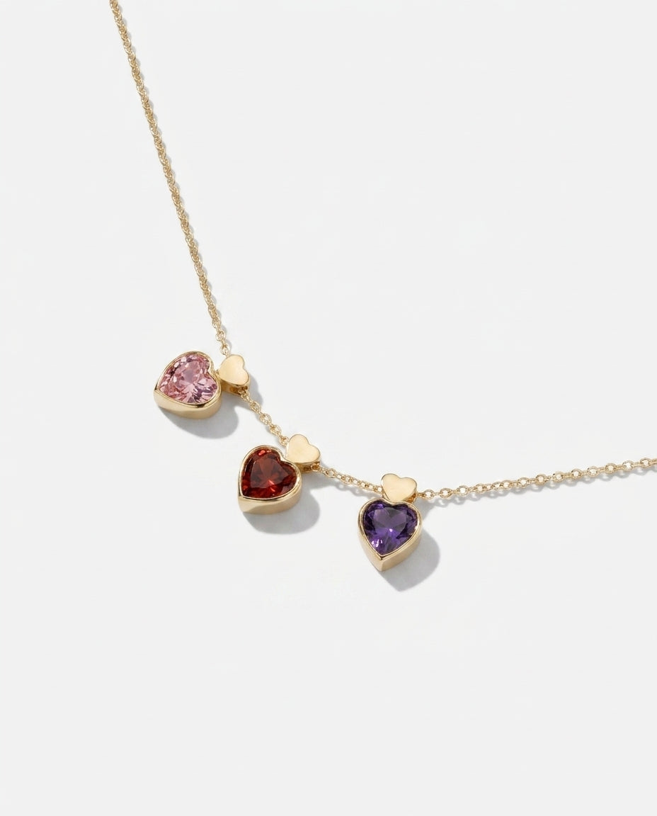 Personalized Triple Heart Birthstone Necklace in Gold