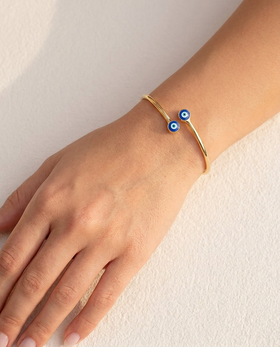 Gold Plated Double Evil Eye Cuff Bracelet for Women