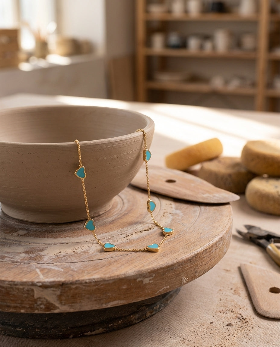 Dainty Gold Necklace with Turquoise Heart Charms