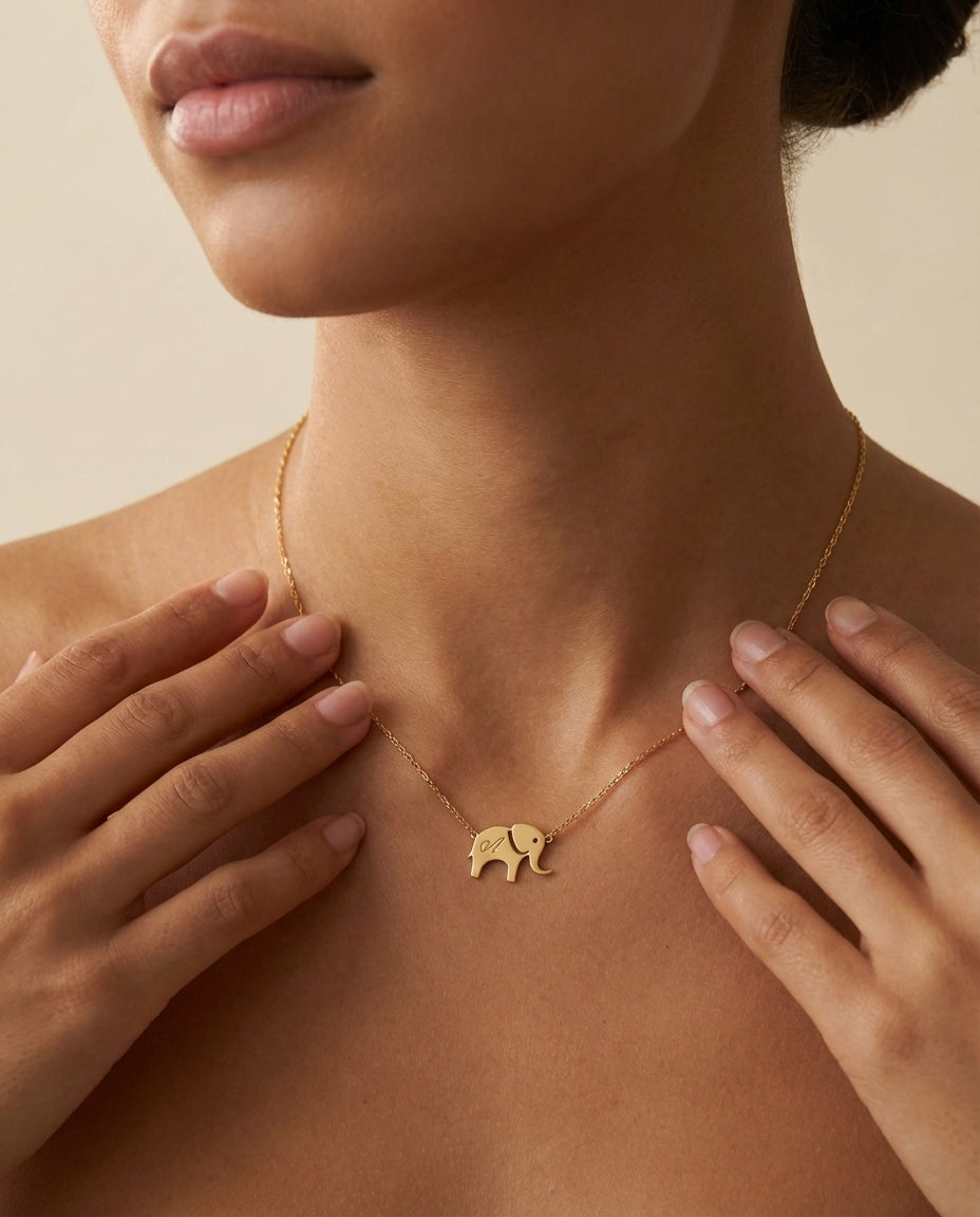 Personalized Initial Elephant Necklace in Gold - Dainty Charm Gift