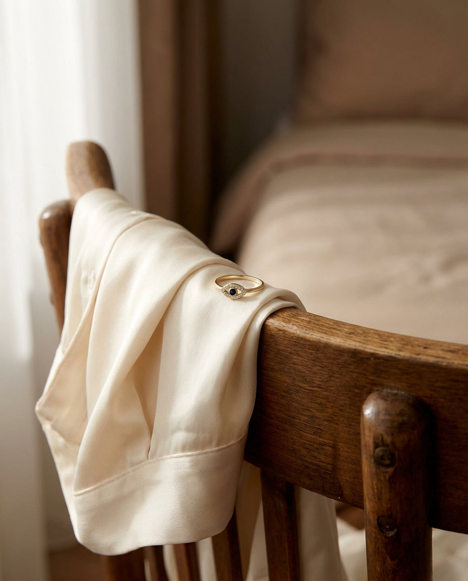 Dainty Gold Evil Eye Ring with Diamond & Sapphire