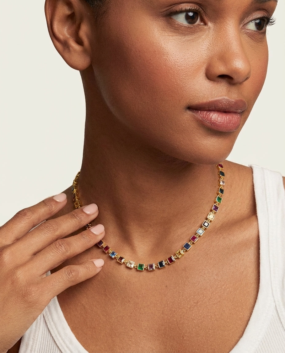 Rainbow Crystal Tennis Necklace - Gold Square-Cut Choker