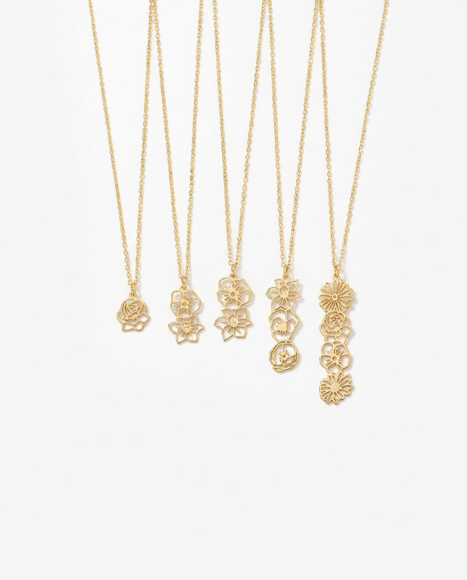 Custom Gold Birth Flower Family Necklace - Gift for Her