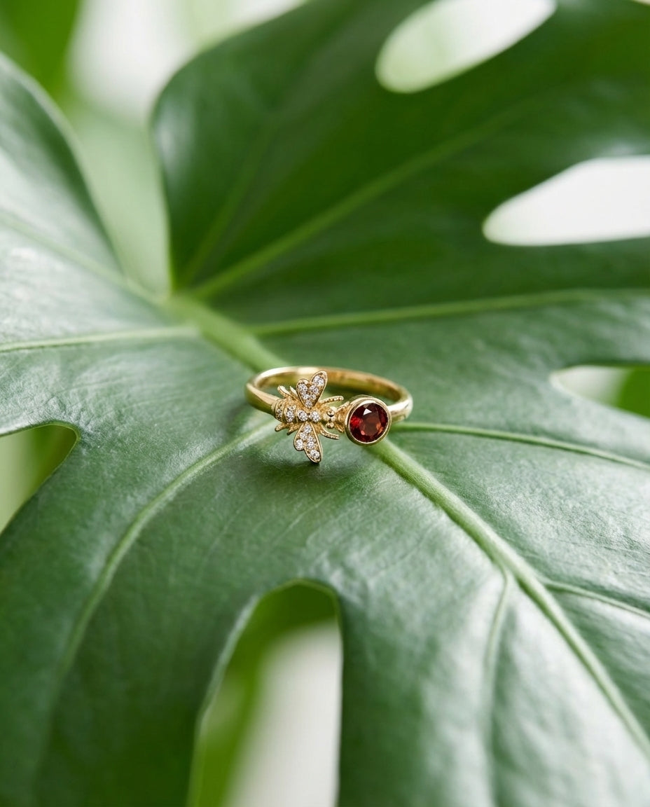 Gold Bee Ring with Birthstone & Pave Ring