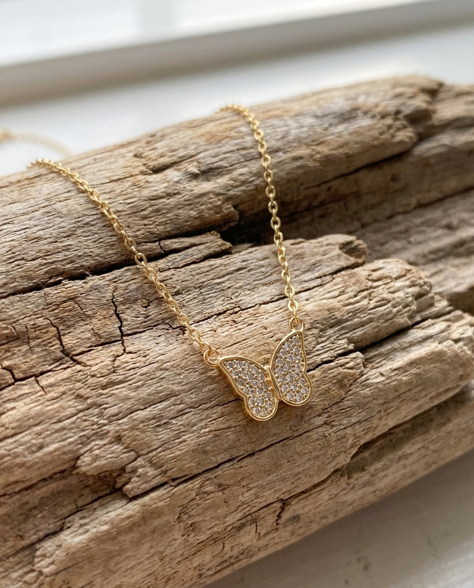 Dainty Gold Butterfly Necklace with Pave Crystals