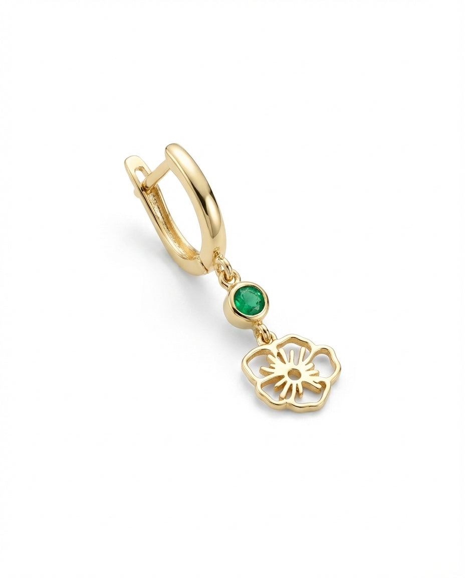 Gold Flower Dangle Hoop Earrings with Emerald Green Stone