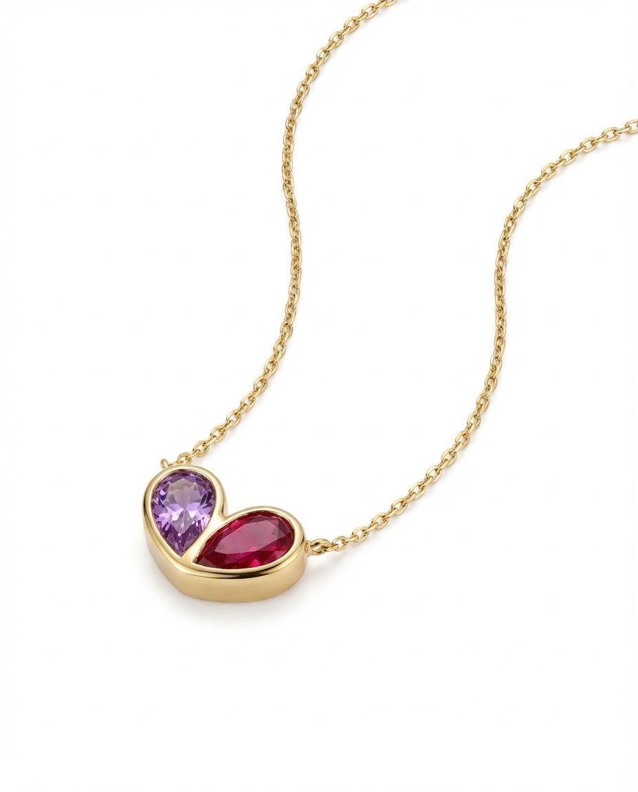 Gold Toi et Moi Heart Birthstone Necklace