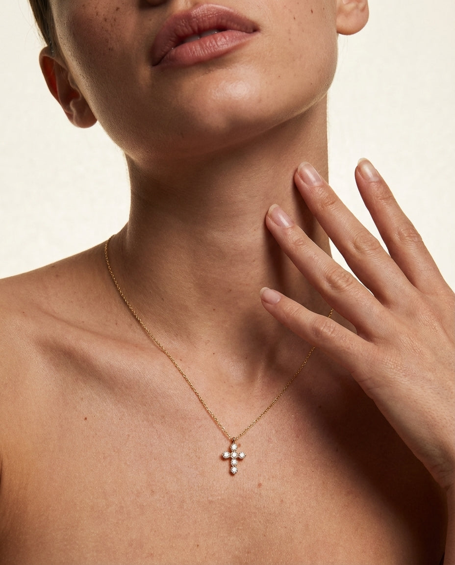 Dainty Gold Cross Necklace with Sparkling CZ Stones