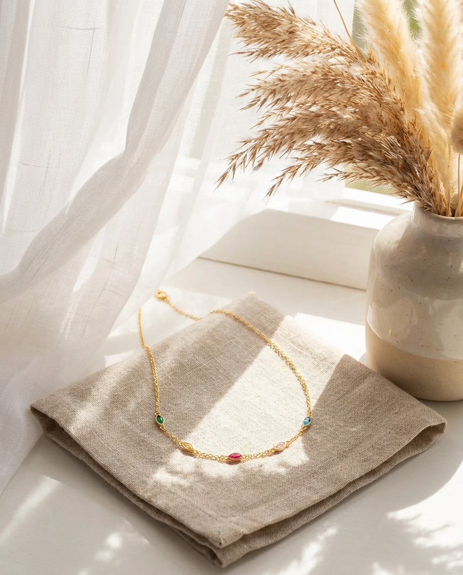 Dainty Rainbow Marquise Gemstone Station Necklace in Gold