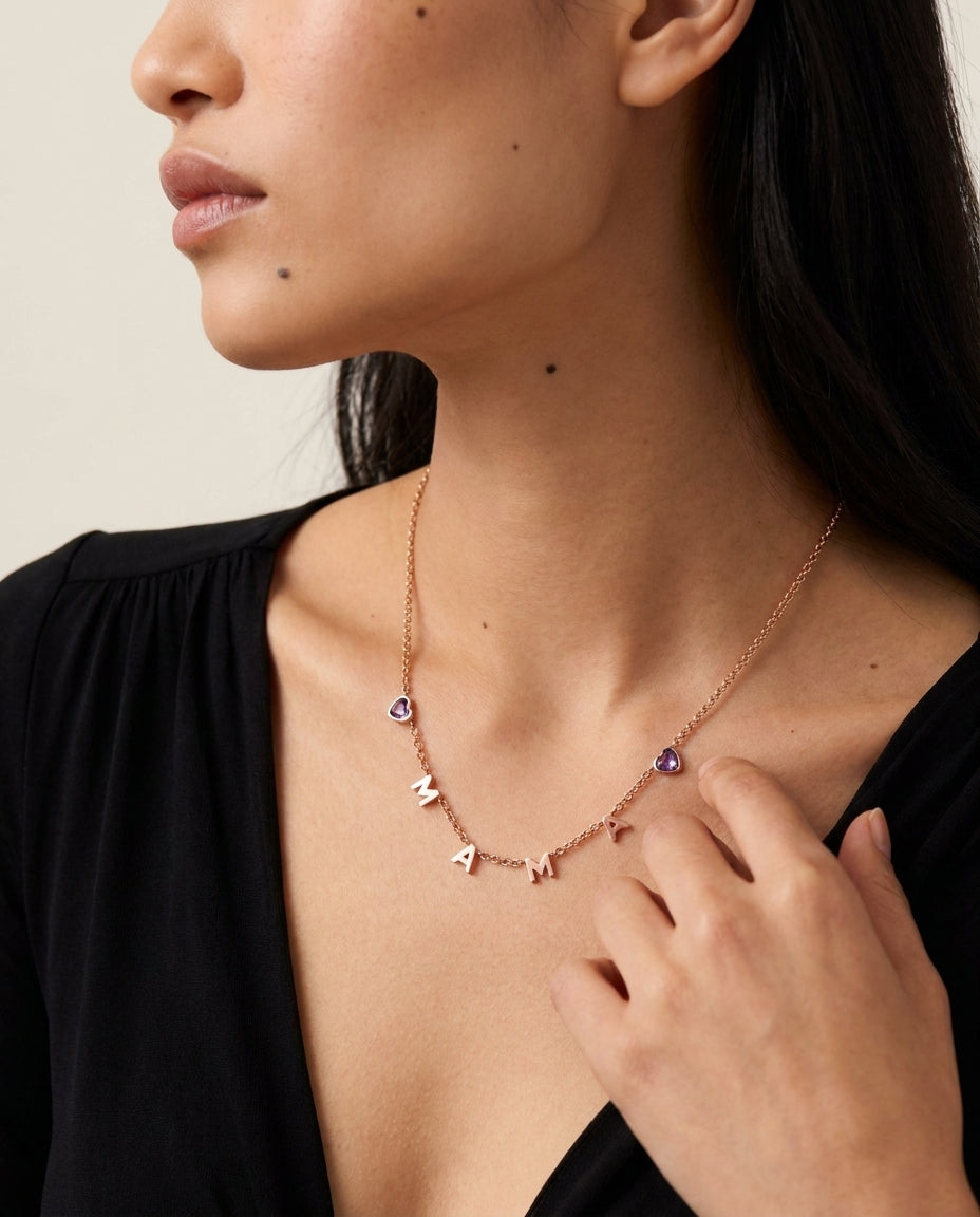 Rose Gold MAMA Necklace with Custom Heart Birthstones