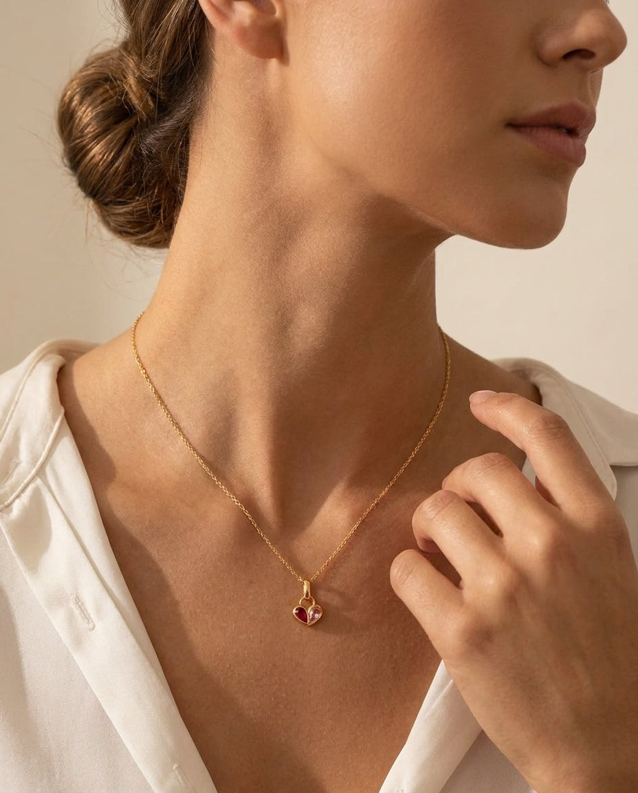 Duo Heart Gemstone Necklace in Gold - Birthstone Necklace