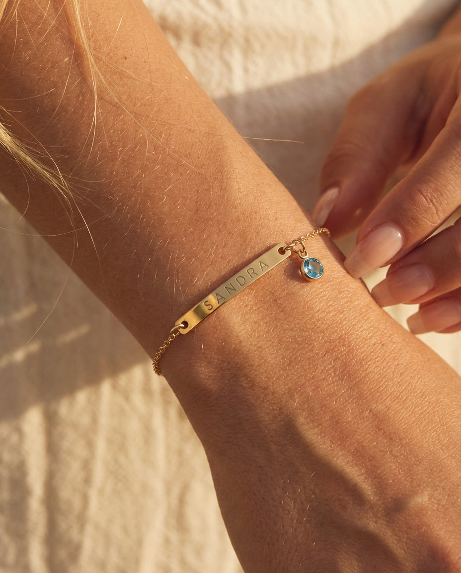 Personalized Gold Bar Bracelet with Birthstone - Engraved Name Jewelry