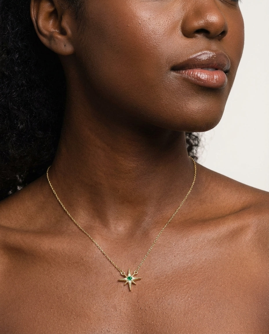 Emerald Starburst Gold Pendant Necklace | Celestial Jewelry
