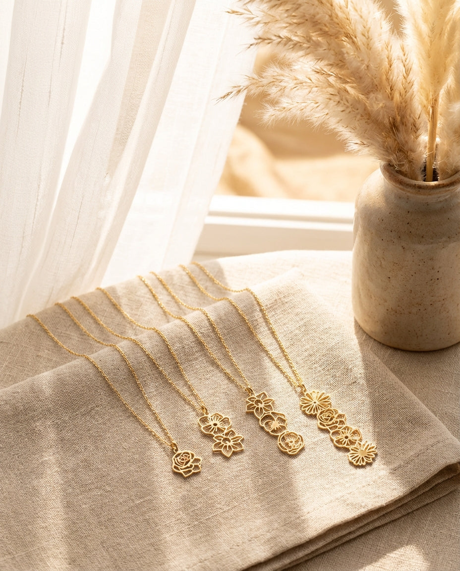 Custom Gold Birth Flower Family Necklace - Gift for Her