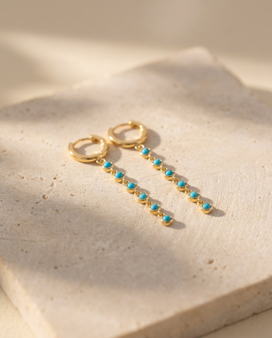 Elegant Turquoise Chain Drop Gold Hoop Earrings