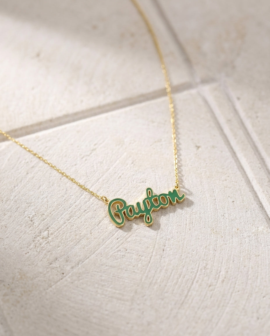 Custom Enamel Name Necklace - Personalized Gold Cursive Jewelry