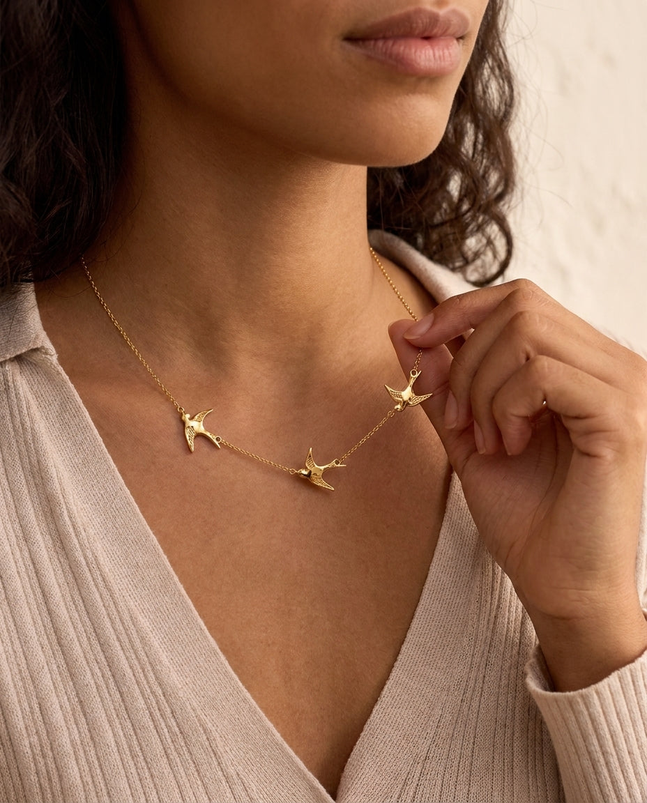 Dainty Gold Swallow Flight Necklace - Minimalist Bird Charm Jewelry