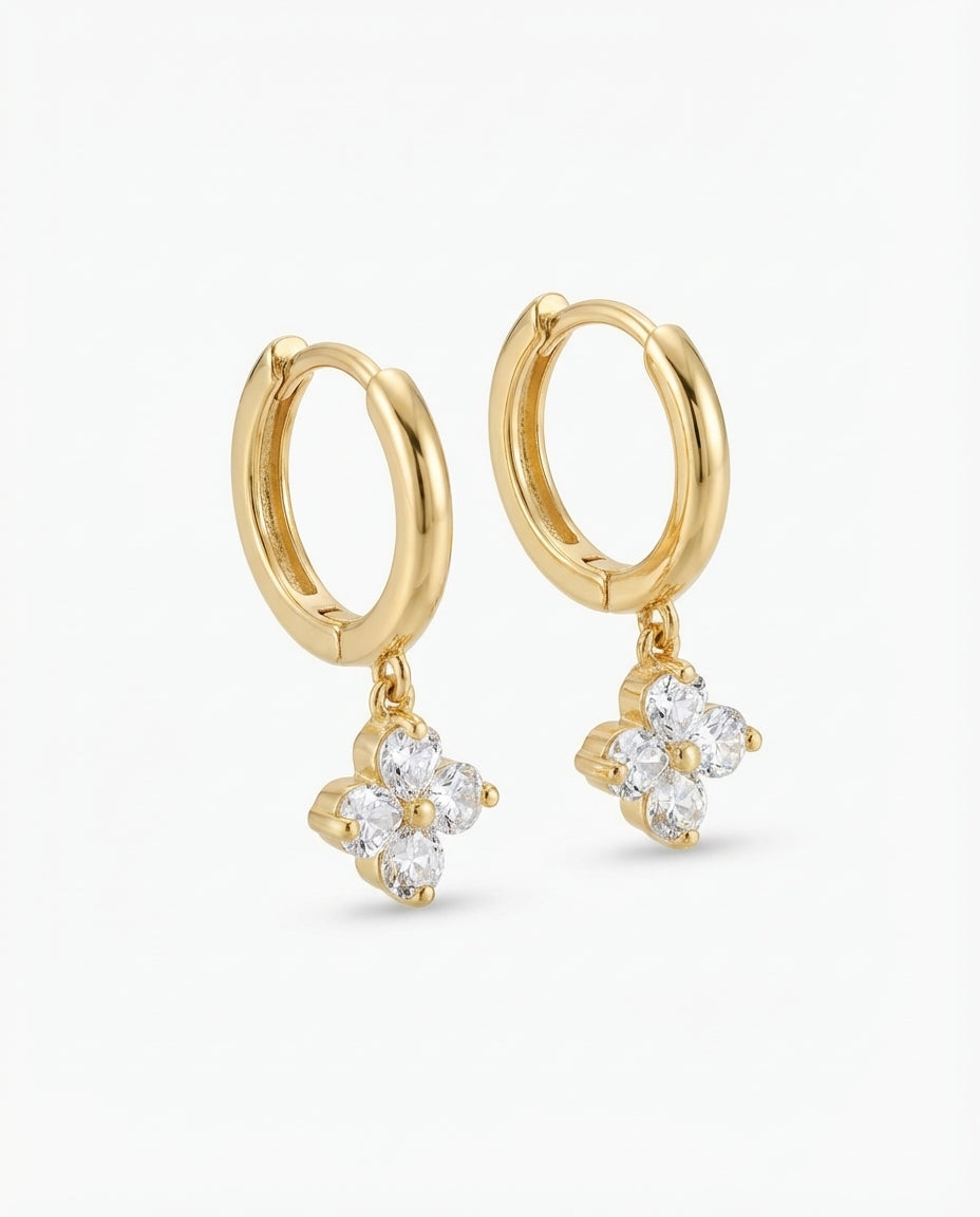 Sparkling Crystal Clover Huggie Earring | Gold Dangle Charm