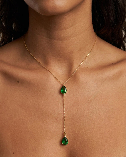 Emerald Green Teardrop Lariat Necklace | Dainty Gold Y-Necklace