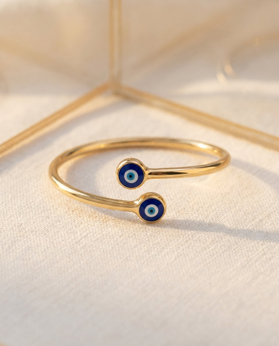 Gold Plated Double Evil Eye Cuff Bracelet for Women