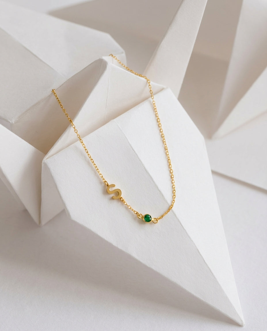 Personalized Initial & Birthstone Gold Necklace - Dainty Jewelry