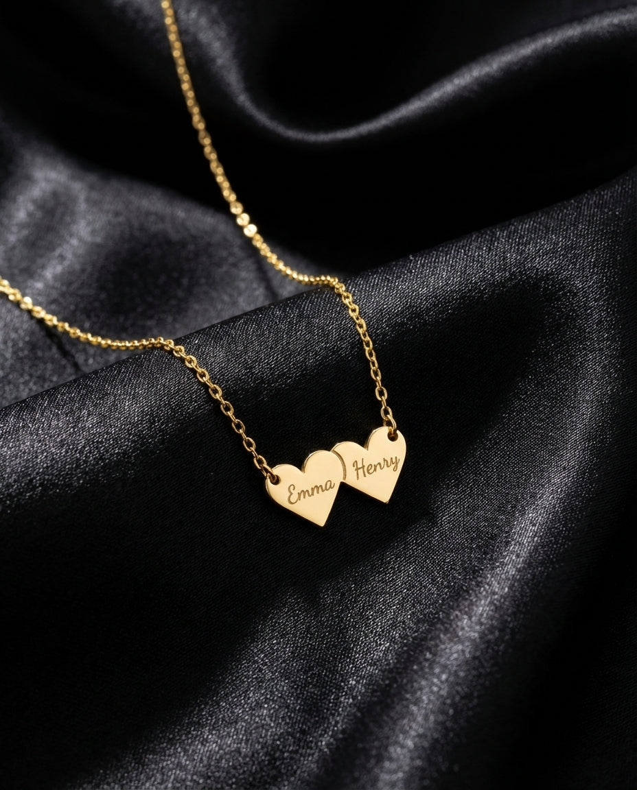 Personalized Double Heart Name Necklace - Custom Gold Jewelry Gift