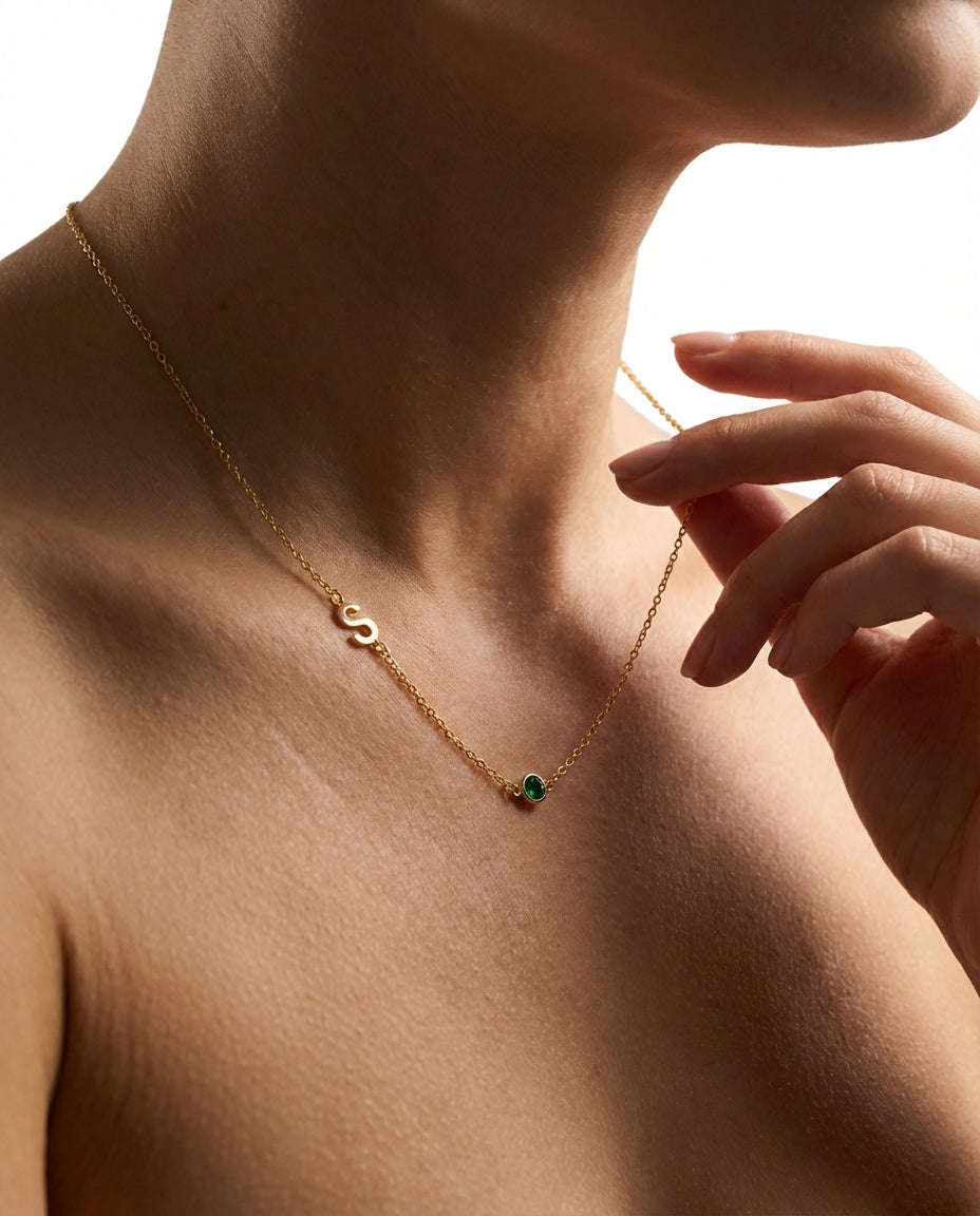 Personalized Initial & Birthstone Gold Necklace - Dainty Jewelry