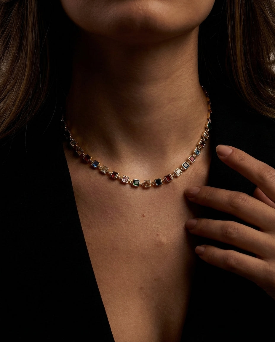 Rainbow Crystal Tennis Necklace - Gold Square-Cut Choker