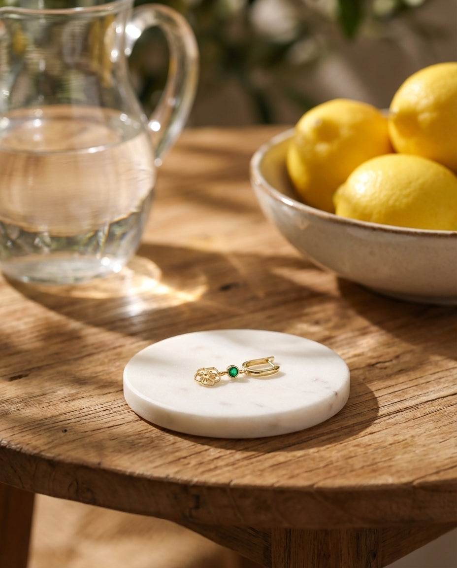 Gold Flower Dangle Hoop Earrings with Emerald Green Stone